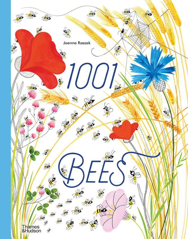 white cover with blue spine with illustration of plants and bees with blue text