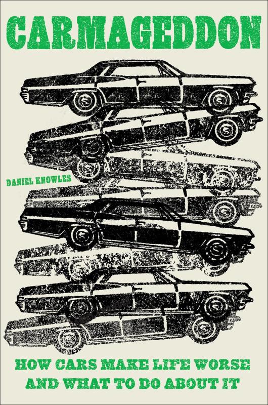 stamps of cars, stacked on each other reminiscent of how they take up space in junkyards, over a teal background