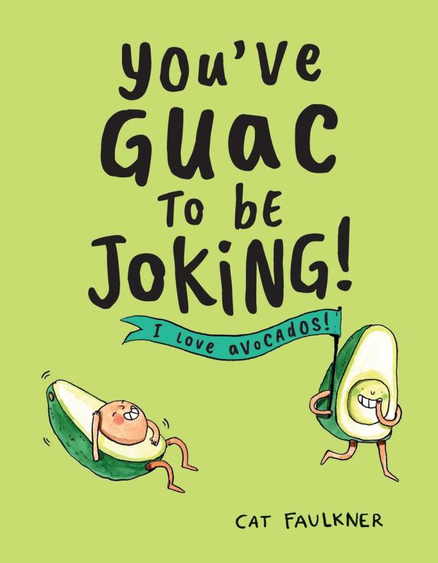 Image of a laughing avocado and one running with a banner over an avocado background