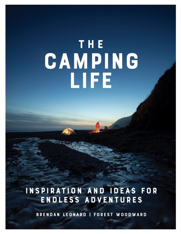 a camper stands next to a campfire and tent in the wilderness at dusk.