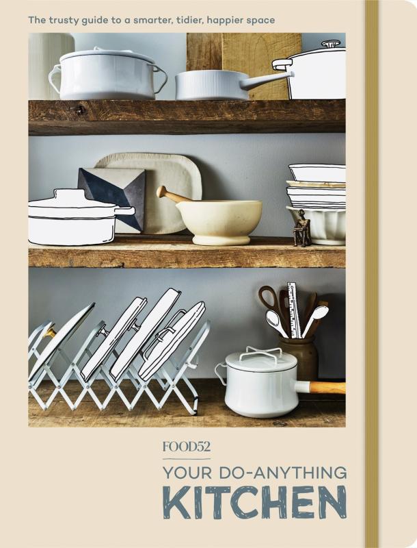 illustration of a grey wall with open shelving with white dishes with grey text on beige cover