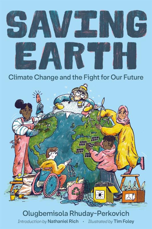 cartoon kids placing sustainability motifs around the planet