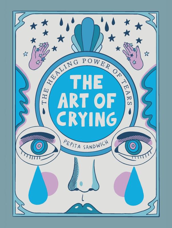 Blue and white book cover featuring illustration of a large crying face with title in the center.