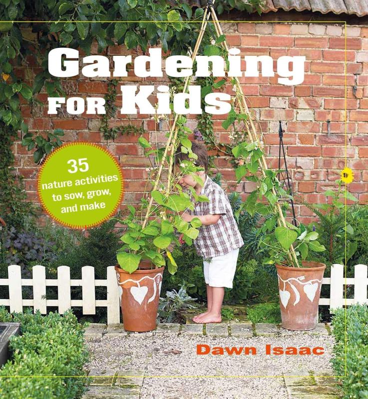 child surrounded by potted plants with brick background with white text