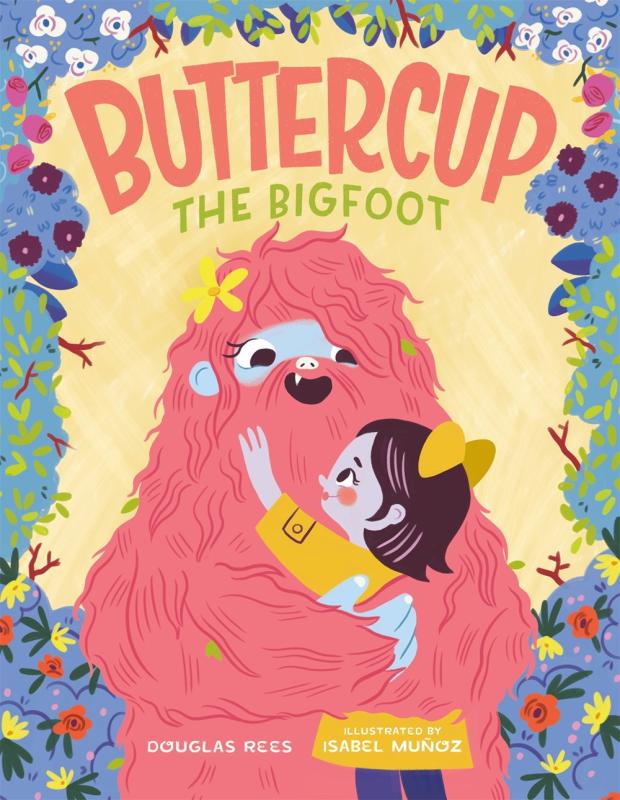 Shaggy bigfoot with a yellow flower in its hair and a kid wearing a yellow rainjacket and bow hug, with a cartoon border of flowers