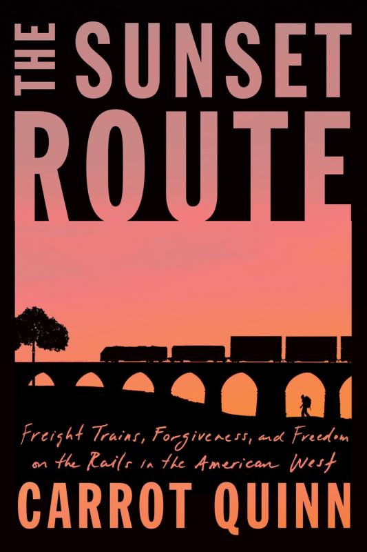 Book cover of black background surrounding sunset-colored pink and orange text over a silhouette illustration of a train crossing a bridge.