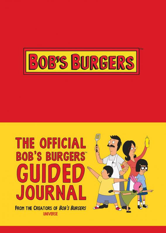 the characters of the show Bob's Burgers on the bottom right inside a yellow panel stretching across the cover