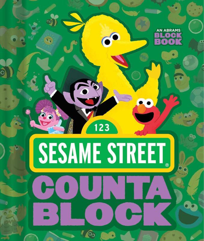 Green book cover featuring iconic Sesame Street street sign in front of Big Bird, the Count, Elmo, and other characters from the show, with title in purple block text.