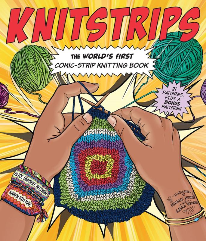 Book cover featuring title in large red text and comic book style illustration of two hands knitting a colorful item framed by balls of yarn.