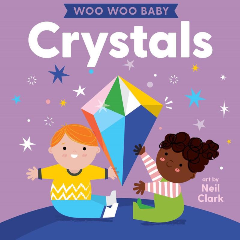 cartoon babies with crystals with stars on a purple background