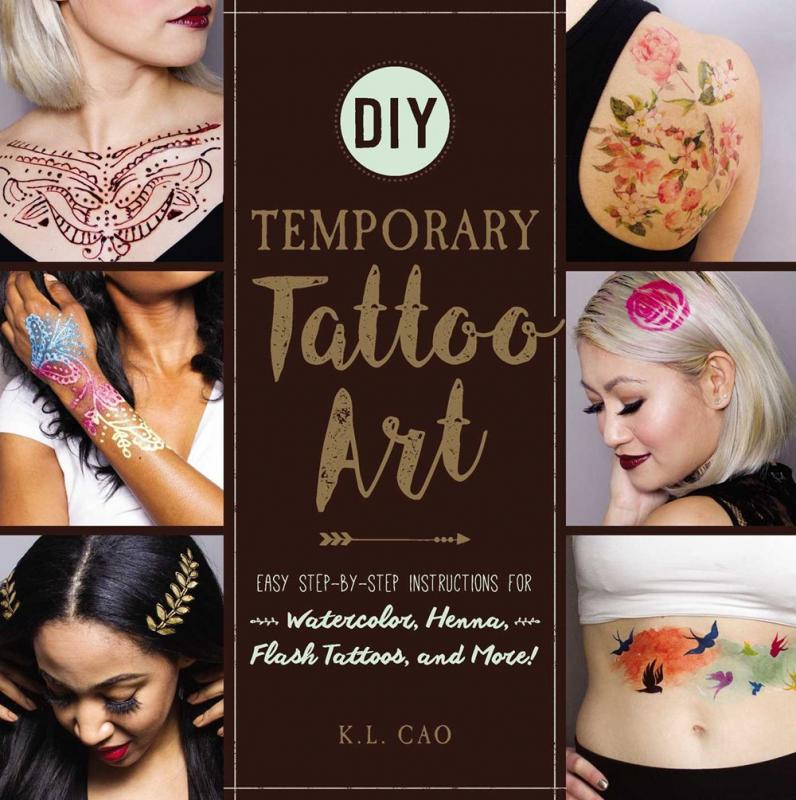 6 photos of tattoos and henna designs on each side of the title text in the center