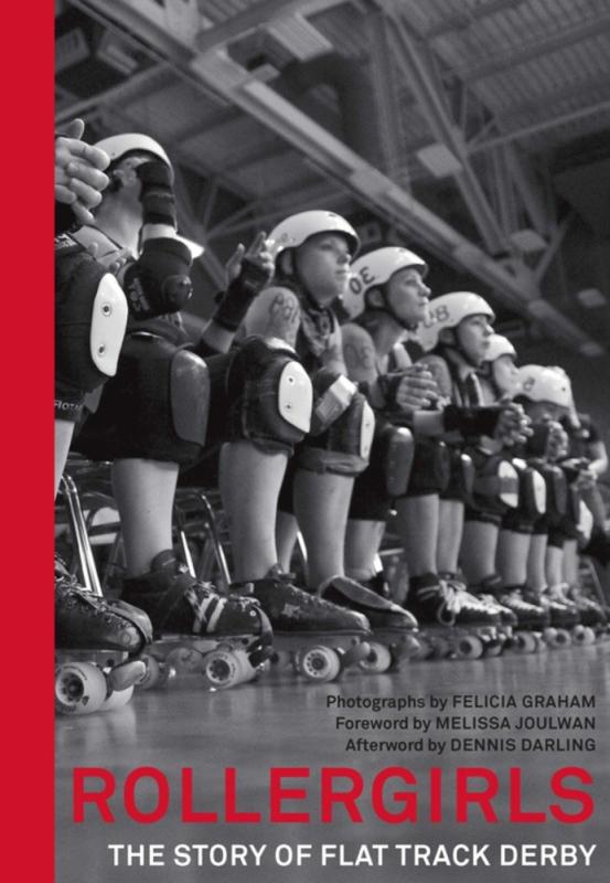 Black and white photograph of roller derby athletes, with red text and spine.