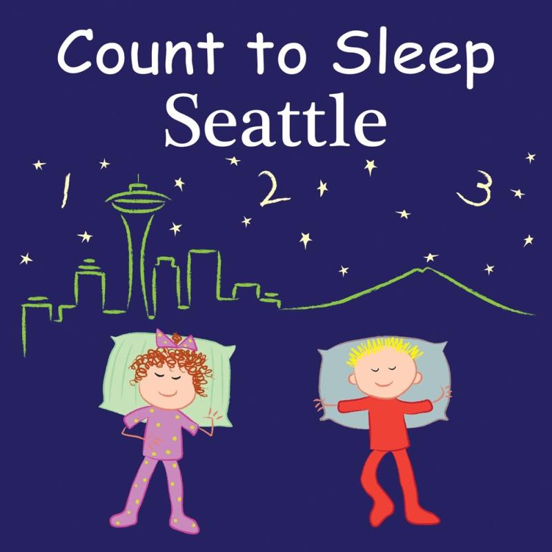 Dark blue cover with the outline of Seattle's skyline behind two sleeping children.