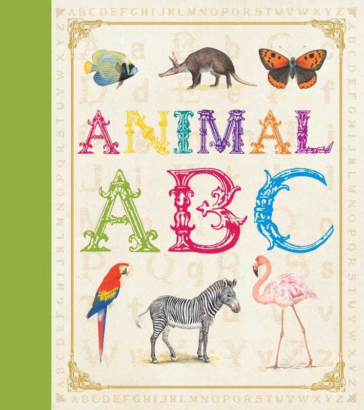 stylized letters and illustrated animals: fish, aardvark, butterfly, parrot, zebra, flamingo