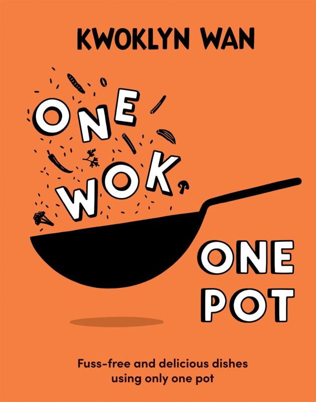 Orange book cover with white text and illustration of a wok pan.