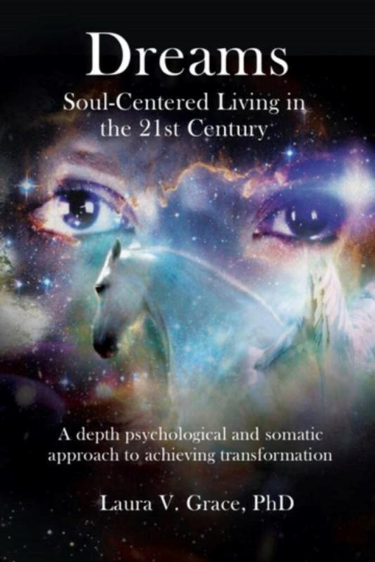 Book cover with colorful, mystical collage of galaxies, human eyes, and a white horse, surrounded by black background and title in white serif font.