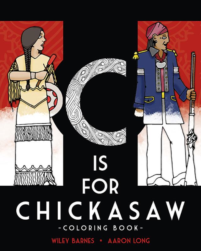 a chickasaw woman with a drum and a man with a rifle. 