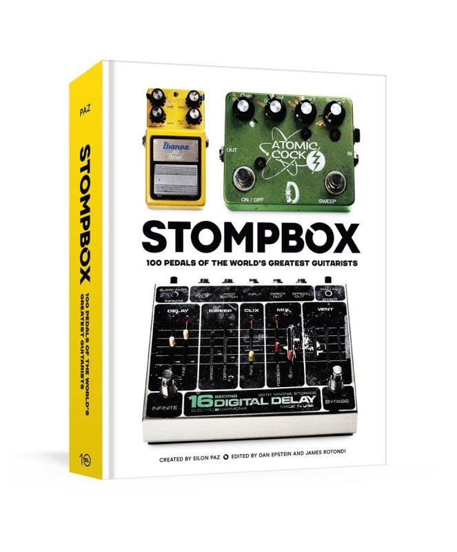 image of the book with examples of stompboxes guitar pedals on the cover, over white, yellow spine