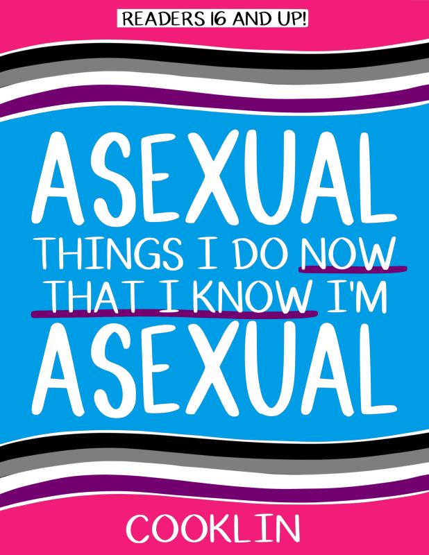 Book cover featuring fields of light blue and hot pink, separated by stripes in the style of the asexual flag.