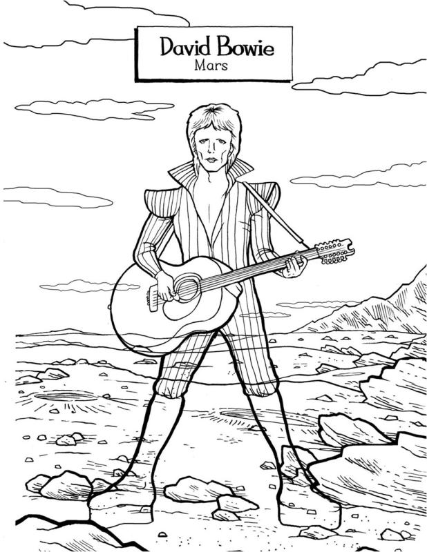 coloring page sample of the ghost of David bowie with a twelve string guitar on Mars