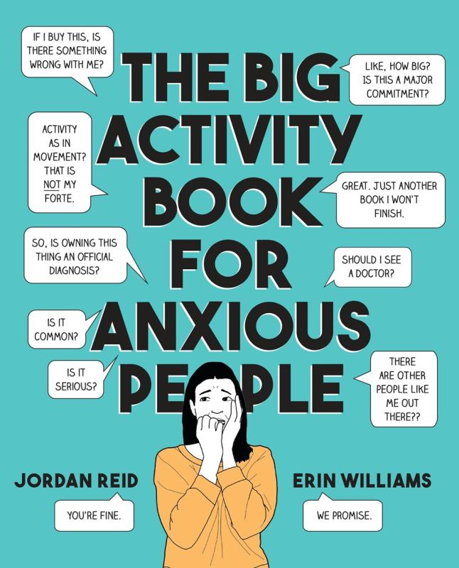 The title in bold print surrounded by speech bubbles of anxious thoughts. A nervous looking woman is at the bottom of the image. 