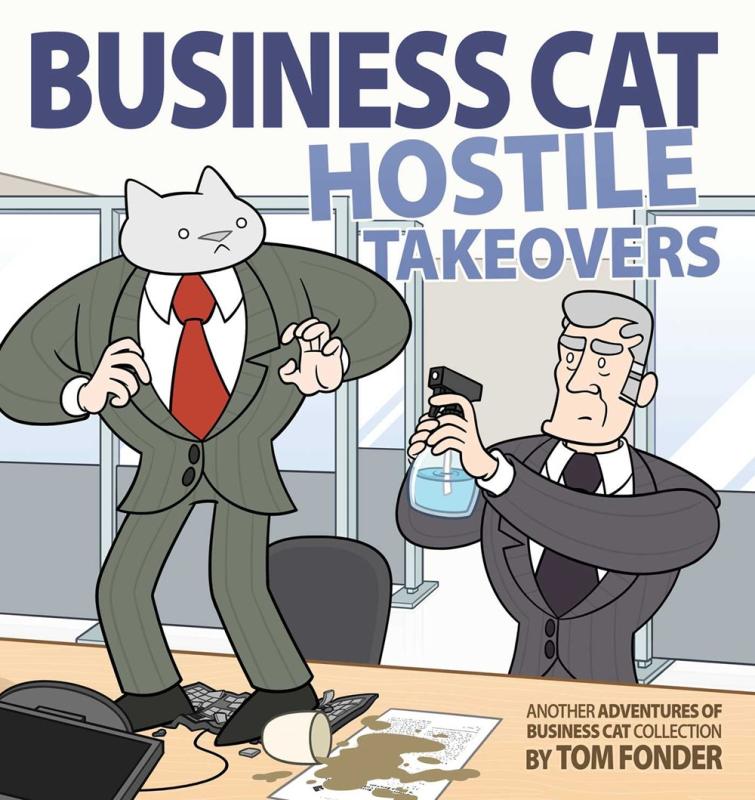 Cartoon of a business man spraying a business cat.