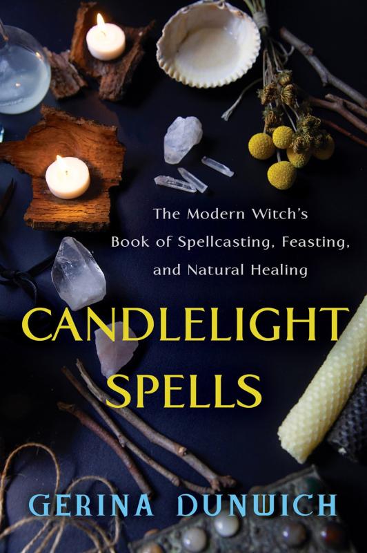 image of candles herbs and crystals with yellow text