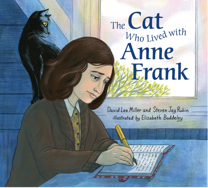 illustration of Anne Frank writing in her diary with a black cat on her shoulder looking out an open window