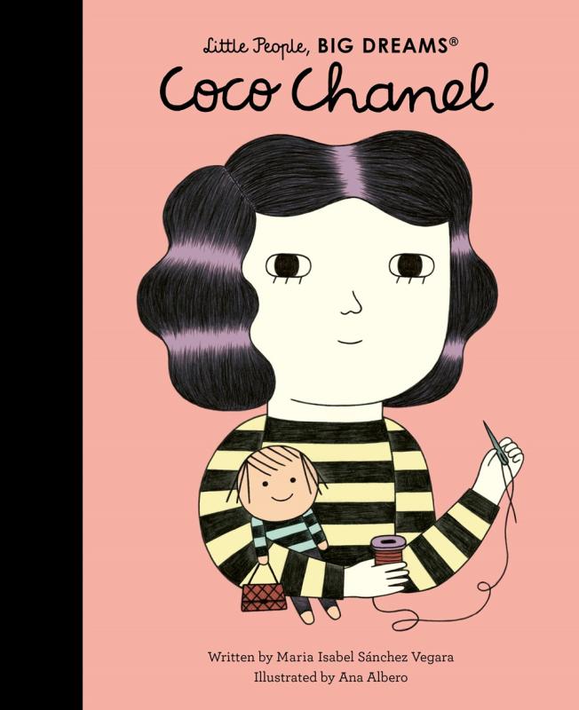 Drawing of a young Coco Chanel in a striped shirt, holding a doll and a needle and thread