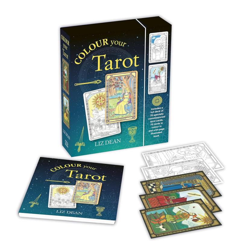 various tarot symbols on teal and black cover with yellow text