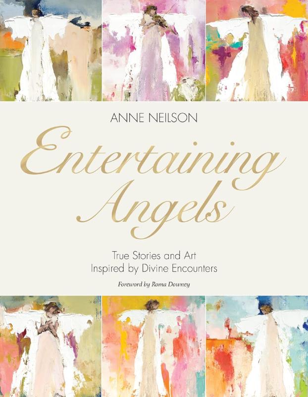 Background of different oil paintings with angel figures with a beige banner and embossed golden text