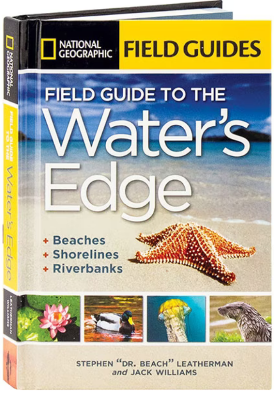 Photo of a starfish on a beach with a small strip of photos underneath it of a lily pad, duck, jellyfish, and river otter.Text is white, and National Geographic logo is on the top of the book.