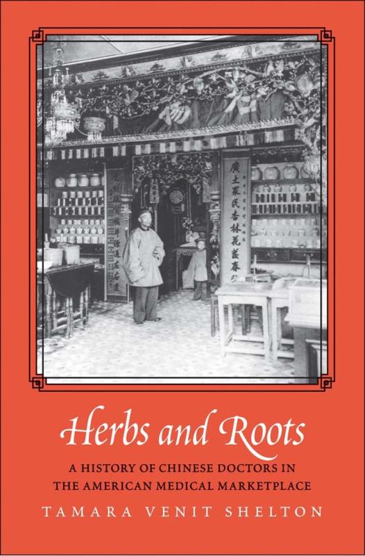 Photograph of a man and child inside a Chinese medicine store, over a background of red