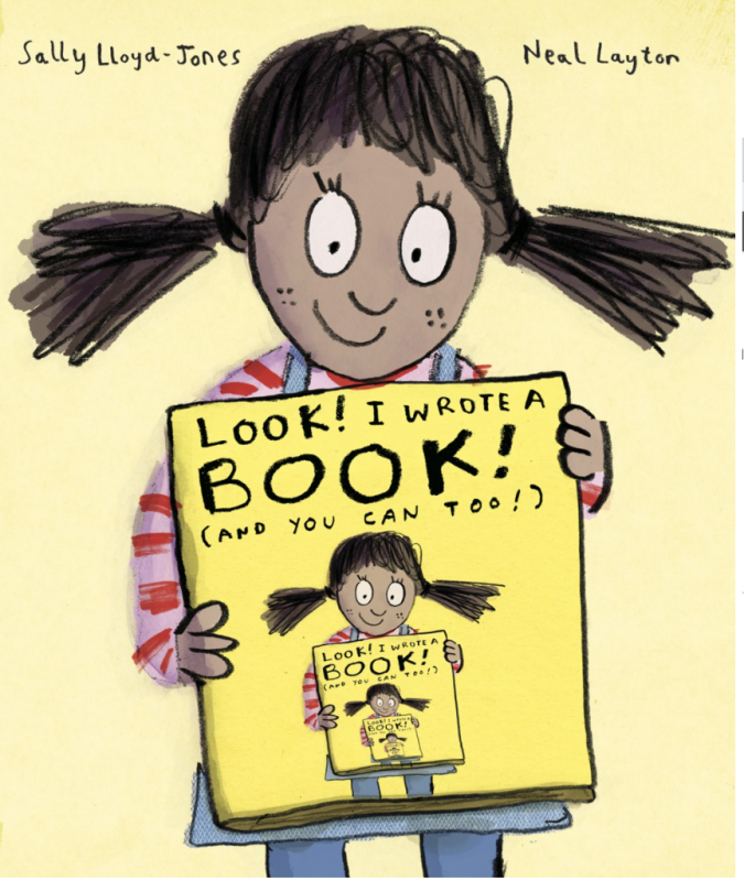 cartoony illustration of a little girl with pigtails holding up the book she wrote