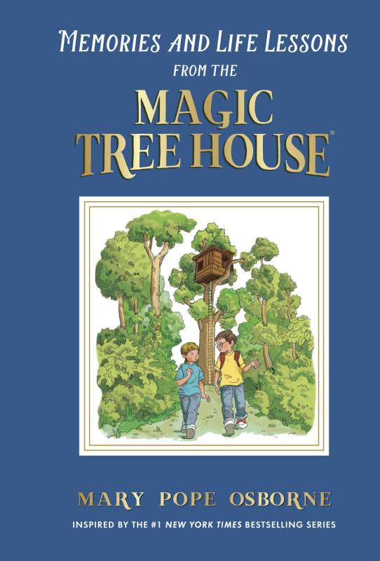 illustration of two children by trees and a tree house on blue background with gold and white text