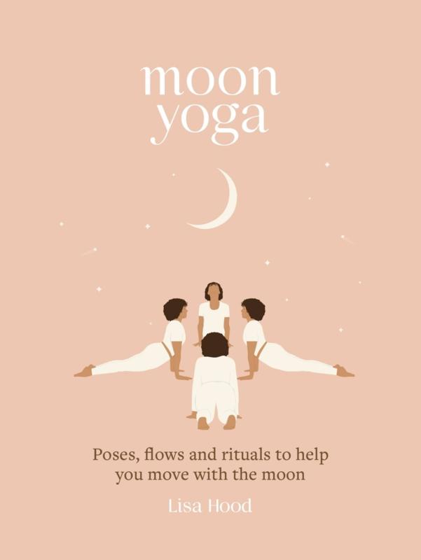 Some ladies doing yoga beneath a crescent moon.