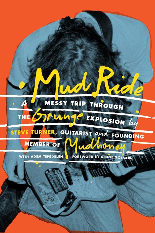 guitarist kneeling with a guitar over orange with the info text in yellow in handwritten like font