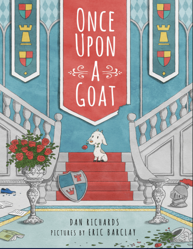 illustration of a baby goat with a rose in its mouth on the stairs in a castle, a broken vase, chewed shoe, strewn book, topple knight's hat, etc. around it