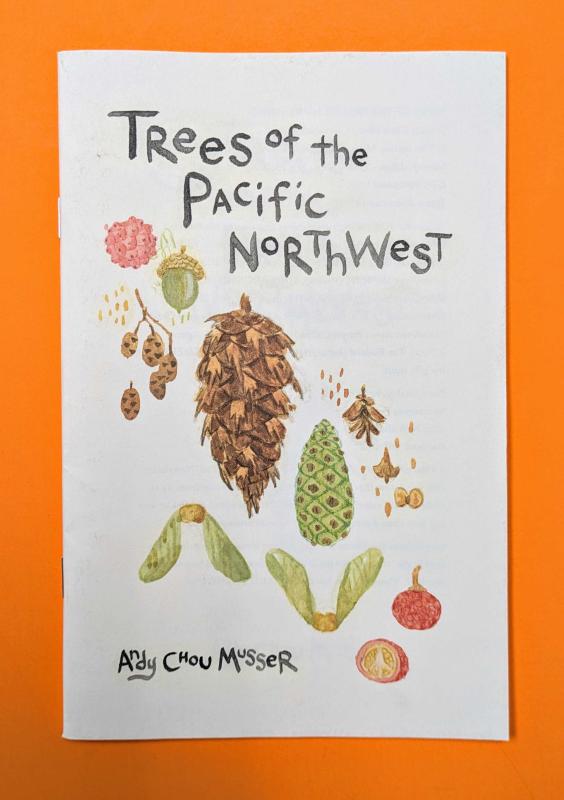 Hand-painted text and watercolor illustrations of tree seeds and fruits.