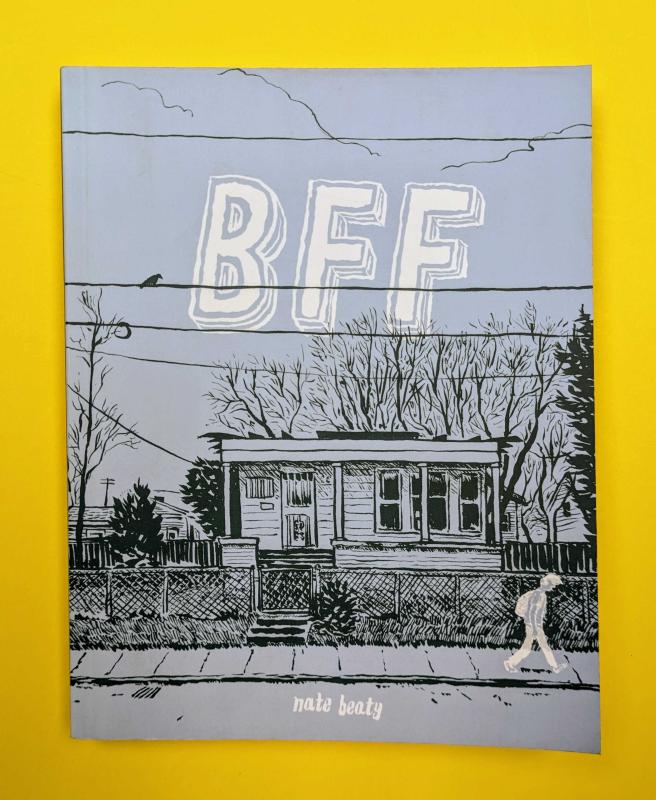 A blue book cover with an illustration of a small, old house and a person walking down the sidewalk