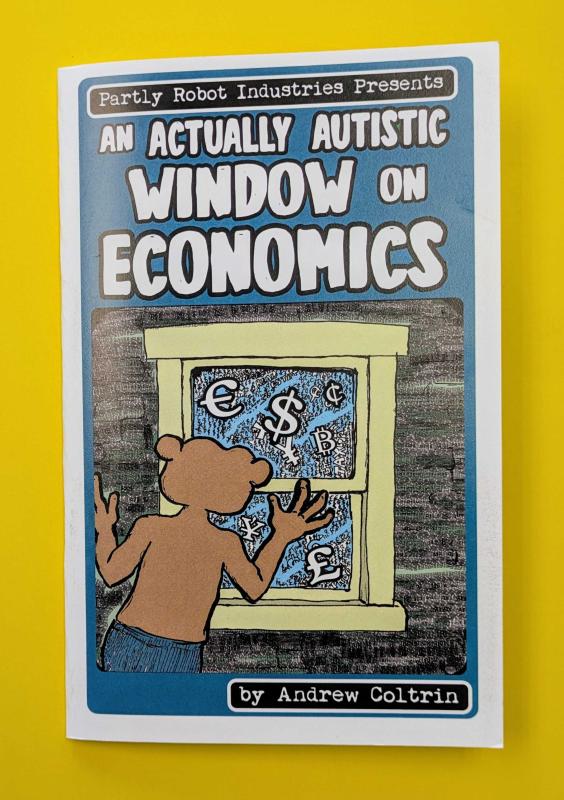 an illustration of a figure somewhat resembling a monkey looking out a window with various economic symbols swirling around outside