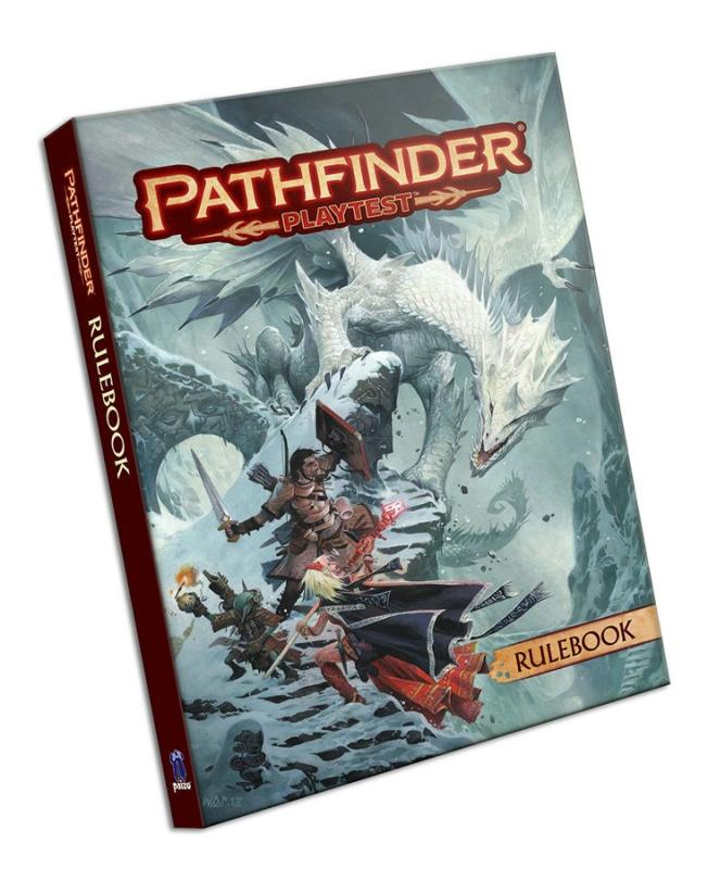 Fantasy art featuring adventurers fighting a white dragon and the Pathfinder logo