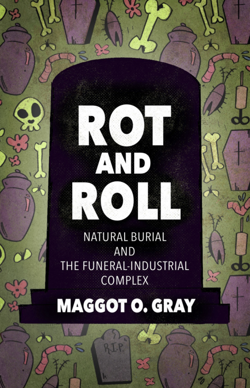 Title text depicted in black silhouette of a gravestone over a background of macabre cartoon illustrations.