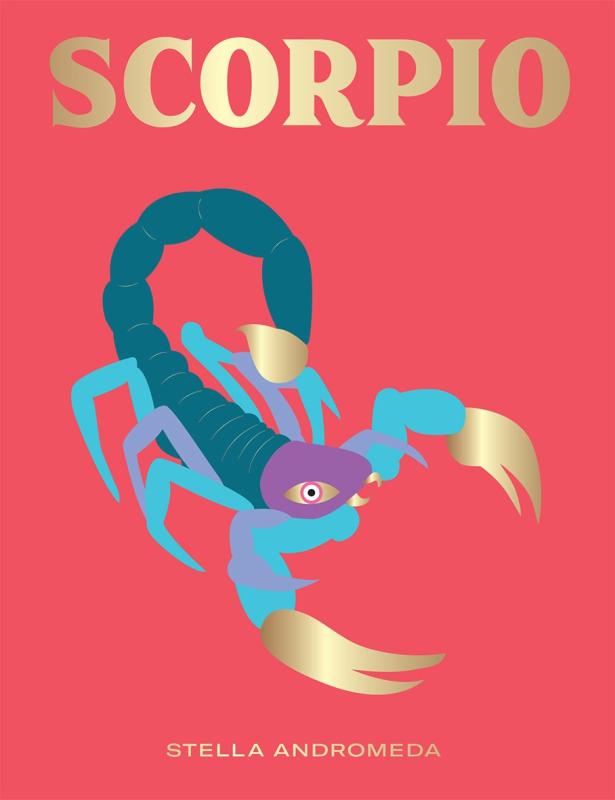 Blue scorpion with big singular humanoid eye over a red background and a gilded title