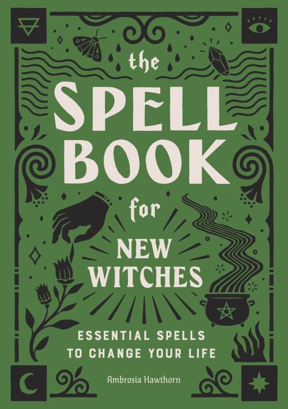 black designs of witchy things and white font on green background