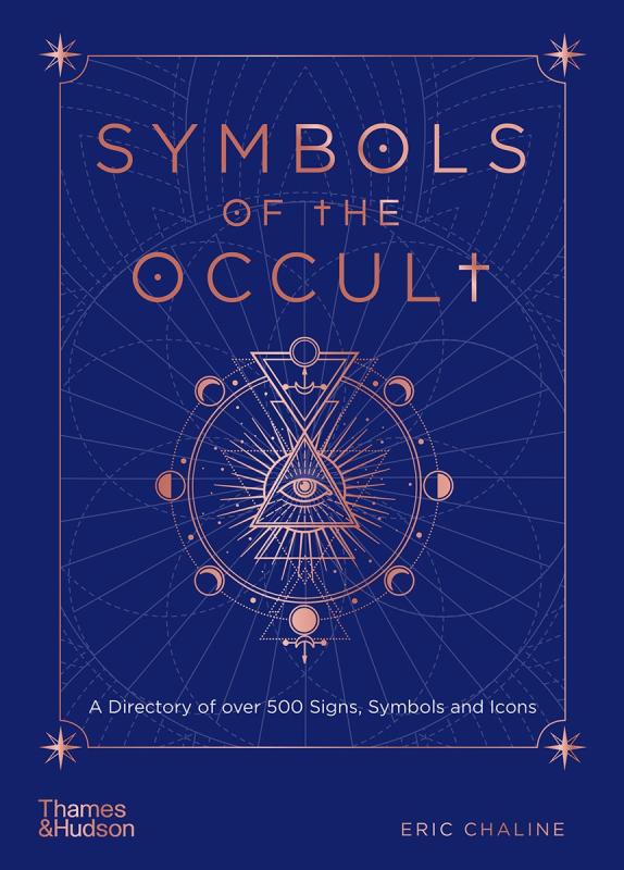 Dark blue cover with gold lettering and a gold design of occult symbols 