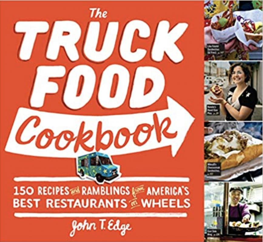 stack of four photos of food truck food  to the right of title