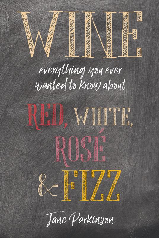 Background like a chalkboard with colorful chalk lettering: red, white, rosé and fizz are all written in colors matching the tones of each type of wine