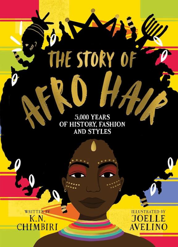 Brightly colored book cover with gold foil text, featuring illustration of a brown-skinned person with silhouettes in their large afro.