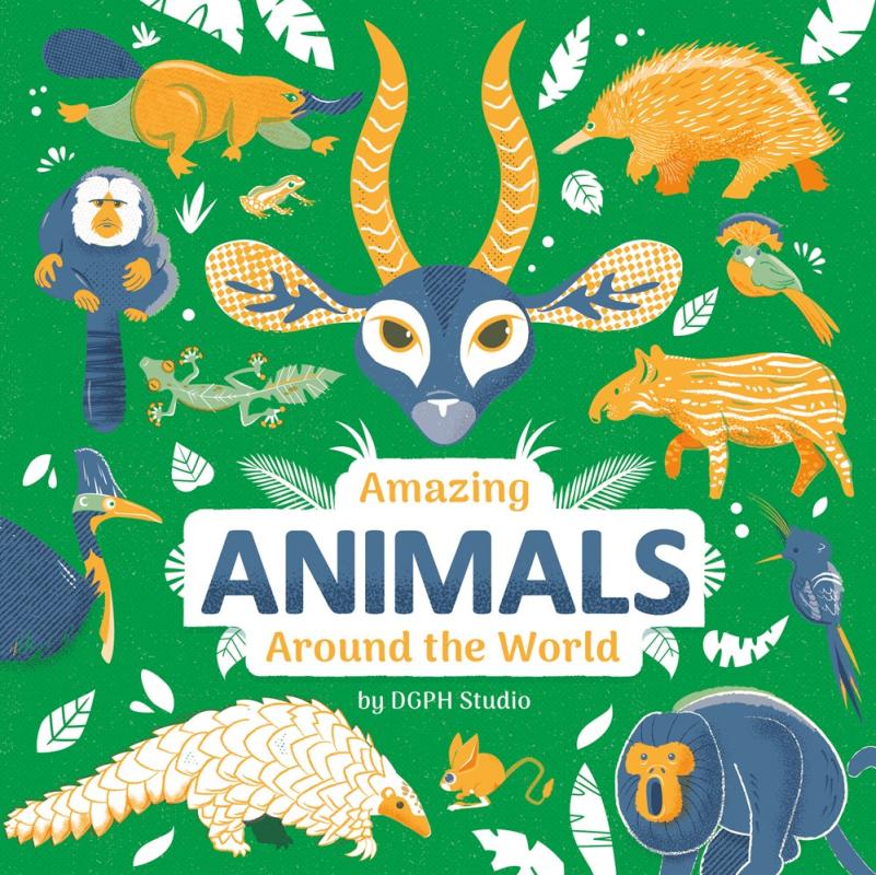 colorful simple illustrations with animal patterned with an cental oval containing the info text